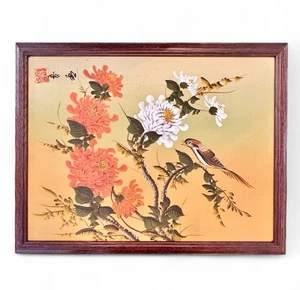 Vintage Signed Asian Floral Bird & Chrysanthemum Painting ~ Red Seal ~ Framed - Picture 1 of 8