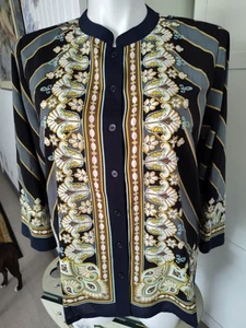 Camisa Bob Mackie Bombay Colocación Estampado Botón Delantero Talla Lg Negra Multi - Imagen 1 de 8