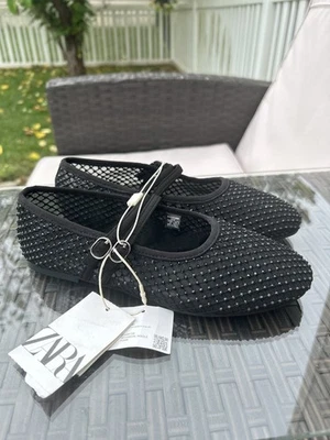 Zara Negro Malla Estrás Brillante Ballet Pisos Doble Correa Mary Janes Nuevo con Etiquetas 35 5 Foto 1 de 4