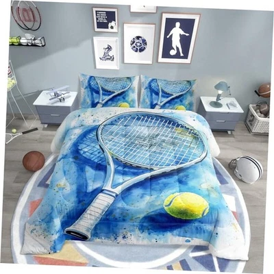  Sport Tennis Comforter Set for Kids Adults,Tennis Racket Full Blue and Yellow - Image 1 of 4