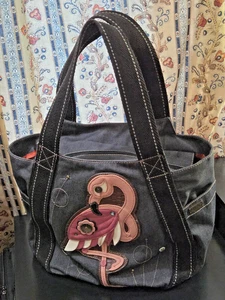 CHALA Large Blue Denim Tote Bag Purse Leather Pink Flamingo Application Gems - Bild 1 von 8