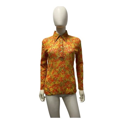 Vintage 70s Import Psychedelic Lace Stretch Nylon Disco Boho Long Sleeve Top M L - Image 1 of 4