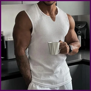 2025 Summer new men V-neck Vest stripe gym Tank top Men Fitness sleeveless shirt - Picture 1 of 26