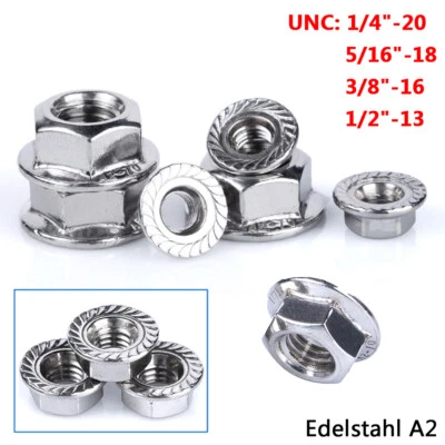 UNC Bundmuttern mit Gezähnt 1/4" - 1/2" Flansch Sechskantmutter Edelstahl A2 V2A - Bild 1 von 4
