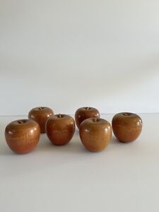 Vintage Brown Wooden Apples with Leather Stems - Set of 6 - 2.5 inches in height