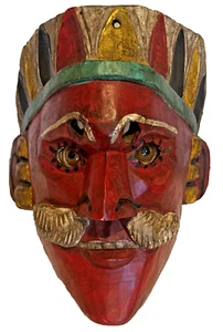 Vintage Guatemalan Glass Eye Man -Mayan Dance Wood Mask- Folk Art / Colorful - Picture 1 of 19