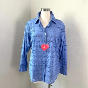 NEW Lauren Ralph Lauren Womens Plus 1X Periwinkle Eyelet Button Up Shirt Top - Picture 1 of 15