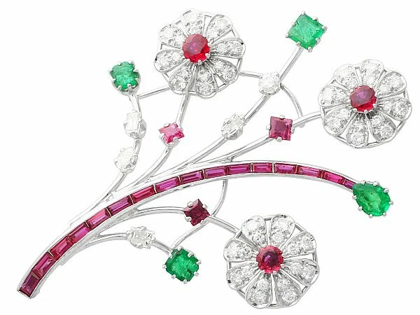 4.49CT Pink Ruby, 1.98CT Zambian Emerald & 3.89CT White CZ Spray Flower Brooch - Image 1 of 4