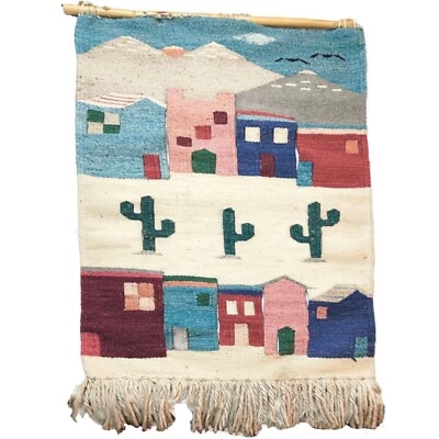 Vintage Handmade Latin American Mexican Wool Tapestry Pastel Kilim Desert Cactus - Image 1 of 4