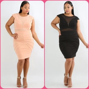 Abito casual taglie forti trasparente pannello cappuccio manica bodycon lunghezza ginocchio 1X 2X 3X - Foto 1 di 13