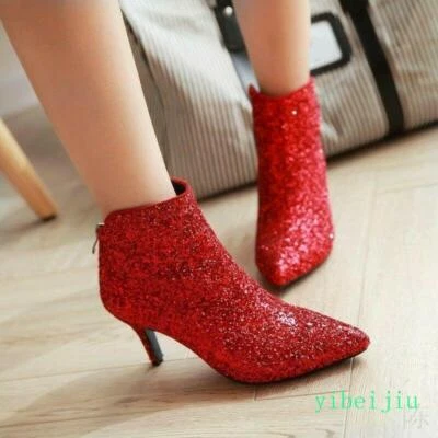 Mujer Lentejuelas Gatito Tacón Medio Noche Cremallera Formal Vestido Botines Zapatos 2025 Foto 1 de 4