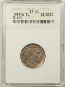 1937-D BUFFALO NICKEL, 3 LEGS - ANACS EF-45, OLD HOLDER, NICE ORIGINAL! KEY-DATE - Picture 1 of 3