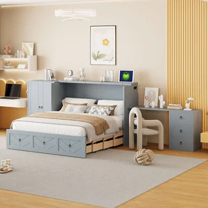 Queen Size Murphy Bed with USB Port, Large Drawer, and Wardrobe/Desk Combo – Ver - Picture 1 of 12