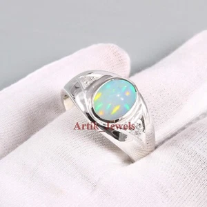 Natural Fire Opal & CZ With 14K White Gold Plated Silver Ring For Men's #570 - Picture 1 of 11
