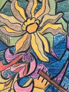 Tres beau Dessin Fleur Râteau Crayon Couleur Plante Papier 1950 Ancien Art - Foto 1 di 7