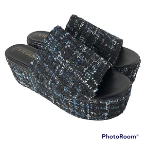 Sandalias de tacón grueso con plataforma deslizante azul tweed punta abierta Y2K años 90 talla 8,5 - Imagen 1 de 8
