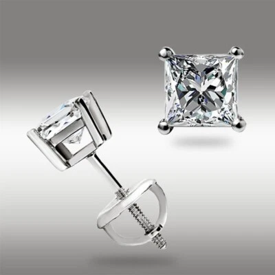 1.0 Ct Princess Cut GRA MOISSANITE Stud Earrings 14K White Gold Screw back Gift - Image 1 of 4