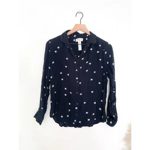 Midnight Sky Black Star Button Up Top Medium Hi Low Long Sleeve Celestial Witchy - Picture 1 of 8
