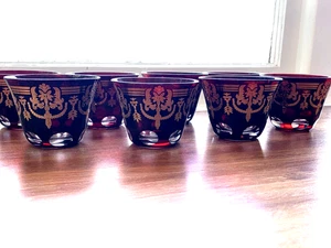8 x 6cm tall by 8cm diameter Bohemian gold gilt ruby cut drinking glasses - Picture 1 of 9