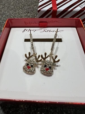 Betsey Johnson Holiday Reindeer Dangle Earrings Gold Tone Crystal NIB - Image 1 of 4