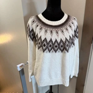 Suéter Pullover Old Navy Fair Isle Marrón Crema Neutro Cuello Redondo Vacaciones de Invierno - Imagen 1 de 7