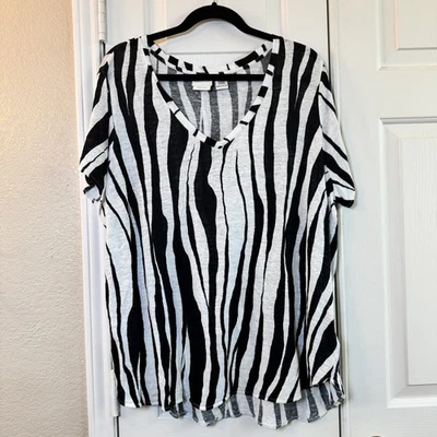 NUEVO CON ETIQUETAS RACHEL ZOE Blusa Top Mujer Plus 2X 100% Lino Túnica Negro Blanco Cebra  Foto 1 de 4