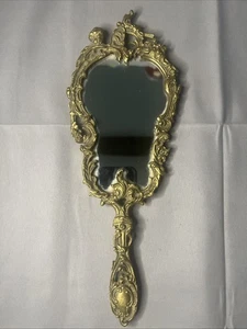 Antique 12” Unbranded Solid Brass Hand Mirror Victorian Heavy Glass Ornate - Picture 1 of 7