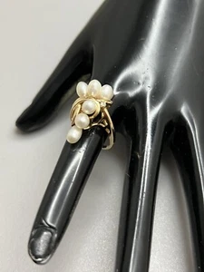 Precioso anillo Estate de diamantes y perlas de oro amarillo macizo de 14K .585 s5,5 5,5 g - Imagen 1 de 7