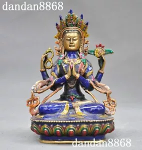 7"Chinese bronze Cloisonne Buddhism temple 4 arms Kwan-Yin Guanyin Buddha Statue - Picture 1 of 10