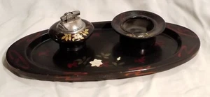 Vintage Japanese Smoking Set Laquered Wood Tray, Table Lighter & Ashtray/ Floral - Picture 1 of 24