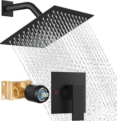 Shower Faucet Set Black Rain Shower Head Combo with Mixer Valve Kit Wall Mounted - Image 1 of 4