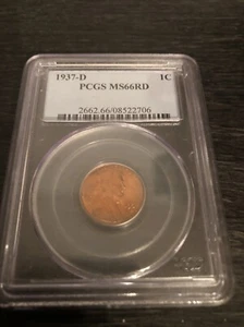 1937 D Lincoln Wheat Cent MS66RD RED PCGS - Picture 1 of 2