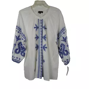Calessa Embroidered Tunic Top Women's Size L White Blue Loose Fit Boho Peasant - Picture 1 of 11