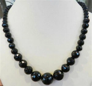 Natural 6-14mm Faceted Black Agate Round Onyx Gemstone Beads Necklace 18" AAA - Picture 1 of 12