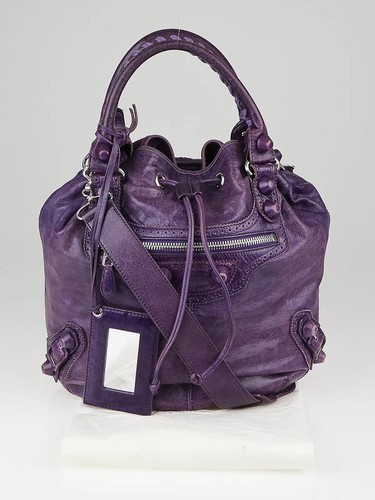 Borsa a tracolla Balenciaga Raisin Giant Brogues Pompom viola invecchiato in pelle