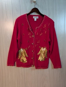 Vtg Christmas Angel Red Knit Sweater Hokiday Gold Button Music Cardigan Large - Picture 1 of 8