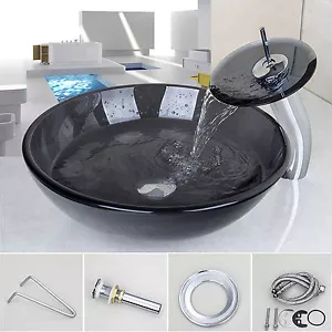 US Bathroom Round Glass Vessel Vanity Sink with Brass Faucet Tap Combo Set - Picture 1 of 9