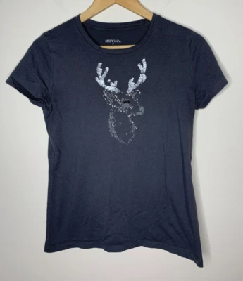 Reindeer Head Gray T-Shirt Womens Size Medium Merona Beaded Sparkly - Image 1 of 4
