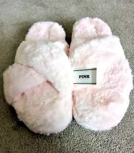 NEW- Victoria's Secret "Pink"- Dog Logo- (Women's- Large Size 9-10) Fur Slippers - Picture 1 of 4