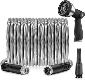 Metal Garden Hose 25ft, Stainless Steel Heavy Duty Water Hose 10 Function Nozzle - Picture 1 of 6