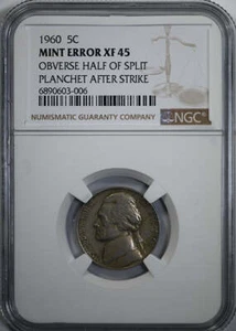 1960 Jefferson Nickel 5C NGC XF45 - Mint Error Obverse Half of Split Planchet - Picture 1 of 5