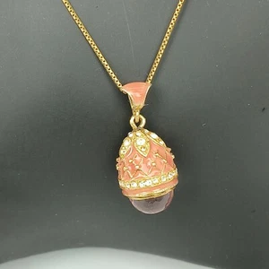Sterling 925 Silver Egg Pendant Enameled Pink Gold Tone Necklace Italy Oval - Picture 1 of 15