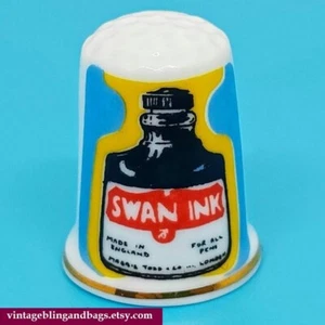 1980s Vintage Bone China Thimble, Swan Ink advertising sewing Retro - Picture 1 of 6