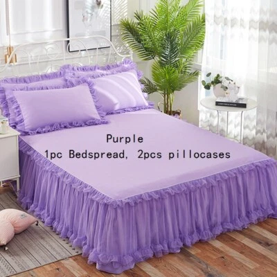 3PCS Bedspread Pillowcase Set Lace Ruffle Bed Skirt Pillow Covers Bedding Crafts - Image 1 of 4