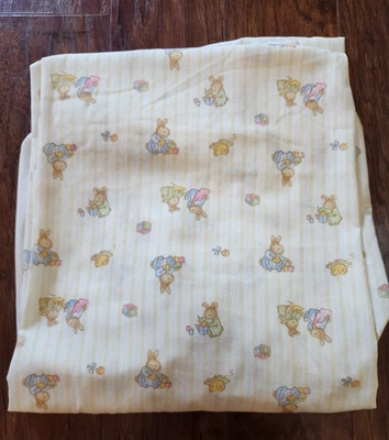 VTG Anthropomorphic Bunny Rabbit Fitted Crib Sheet Springmaid Yellow Stripes USA - Image 1 of 4