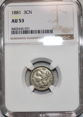NGC AU-53 1881 Nickel Three Cent Piece, Lightly Circulated w/ Mild Luster. - Image 1 of 4