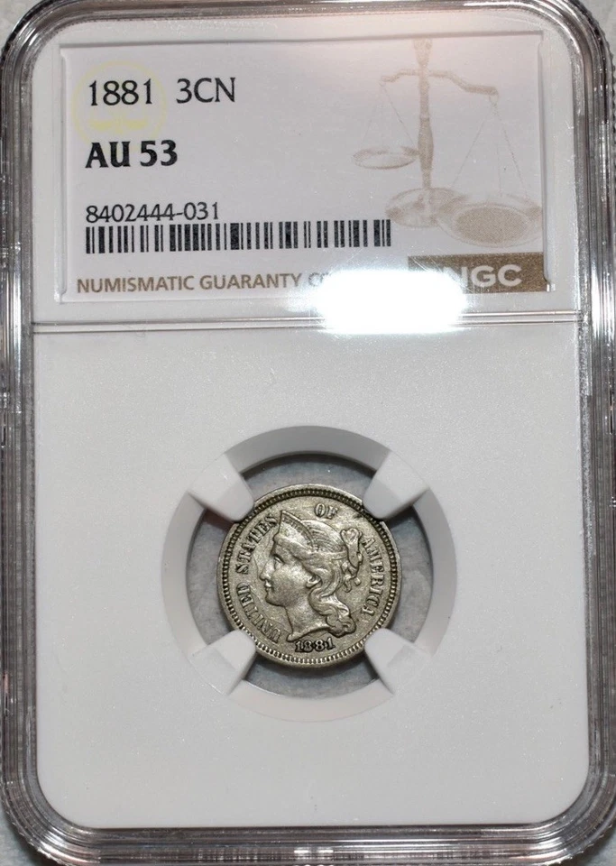 NGC AU-53 1881 Nickel Three Cent Piece, Lightly Circulated w/ Mild Luster. - Image 1 of 4