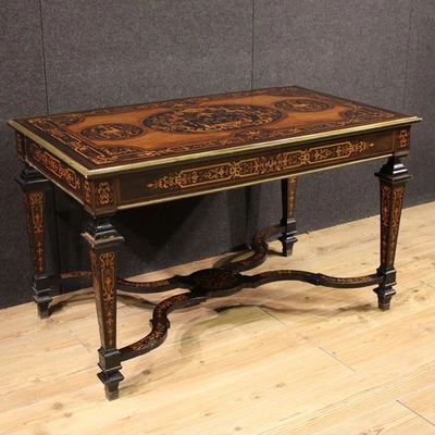 French writing desk table in inlaid wood furniture antique style 20th century - Image 1 of 4