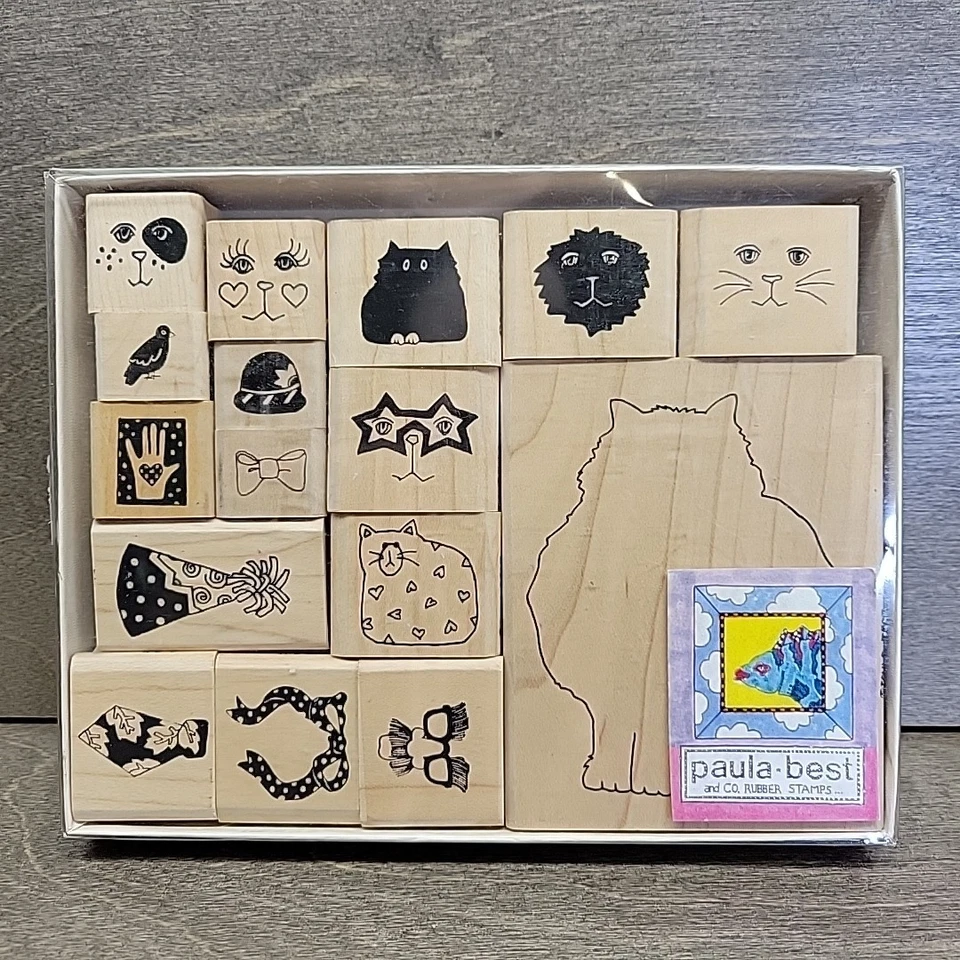 Lote de Sellos de Paula Mejor Gato Contorno Gatos Fiesta Pájaro Mano Lazo Cuello Corbata Madera Foto 1 de 4