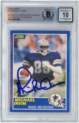 Michael Irvin Dallas Cowboys Signed 1989 Score 18 BAS Fanatics 10 Rookie Card - Image 1 of 3